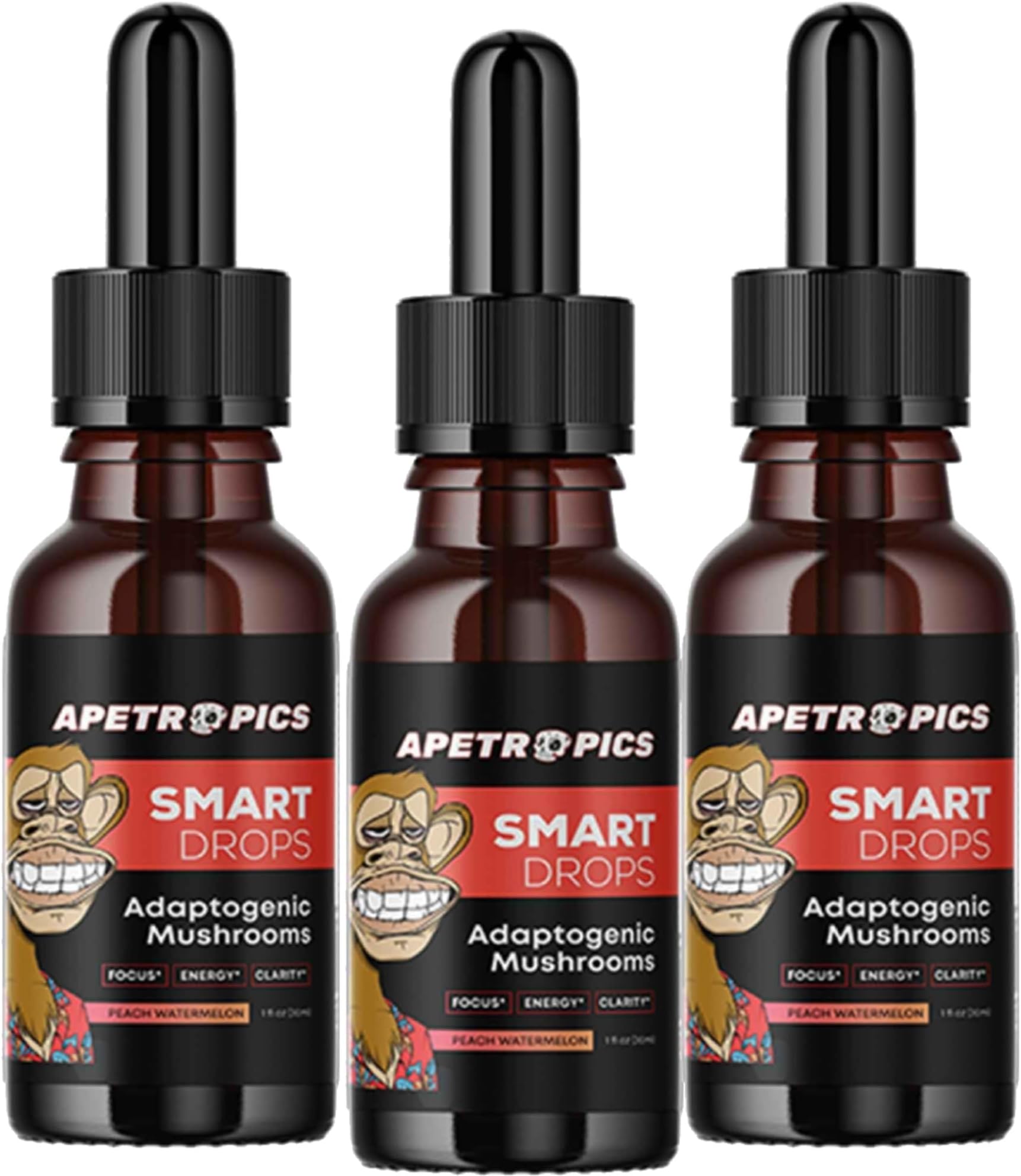 Apetropics Smart Drops - 5-in-One Adaptogenic Mushroom Tincture with Lionโs Mane, Cordyceps, Turkey Tail, Chaga, Reishi - Nootropic Brain Supplement - Peach Watermelon Flavor, 30-Servings (3 Pack)