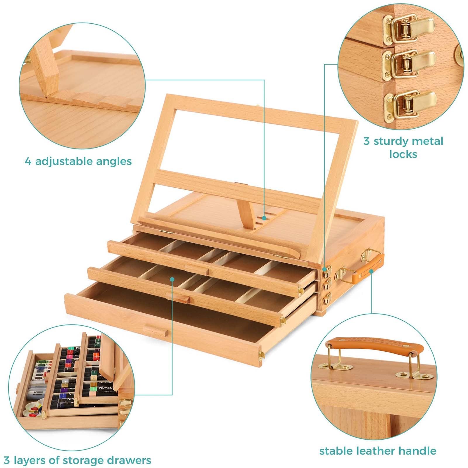 Caballete de mesa para pintar, caballete de madera de haya ajustable con 3 cajones de almacenamiento, caballete de viaje de escritorio para adultos, artistas y estudiantes