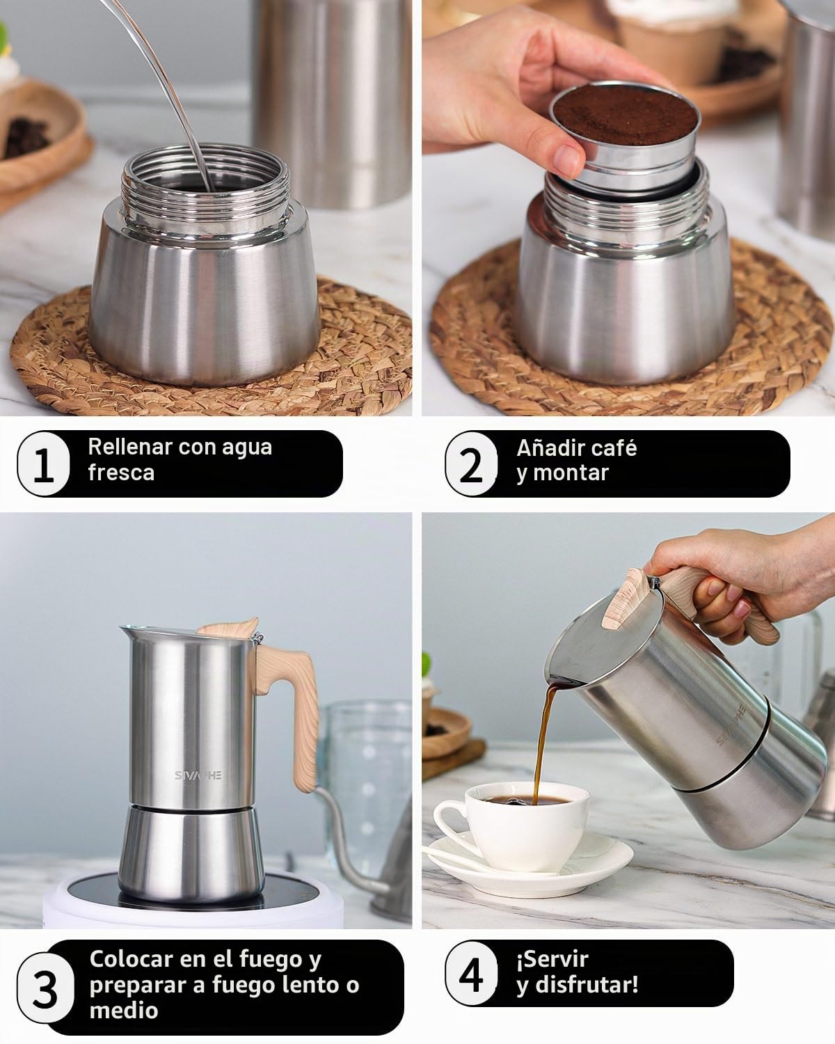 Sivaphe Cafetera de Espresso de Inducción - Acero Inoxidable, Moka Sin Aluminio, 6 Tazas de 300 ml