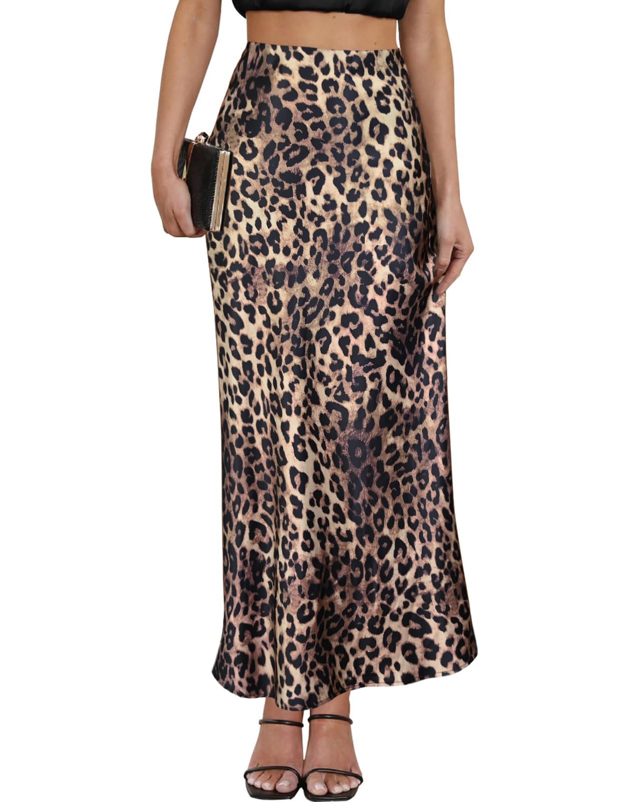Women's Satin Maxi Skirt High Waisted Elastic Waistband Leopard Print