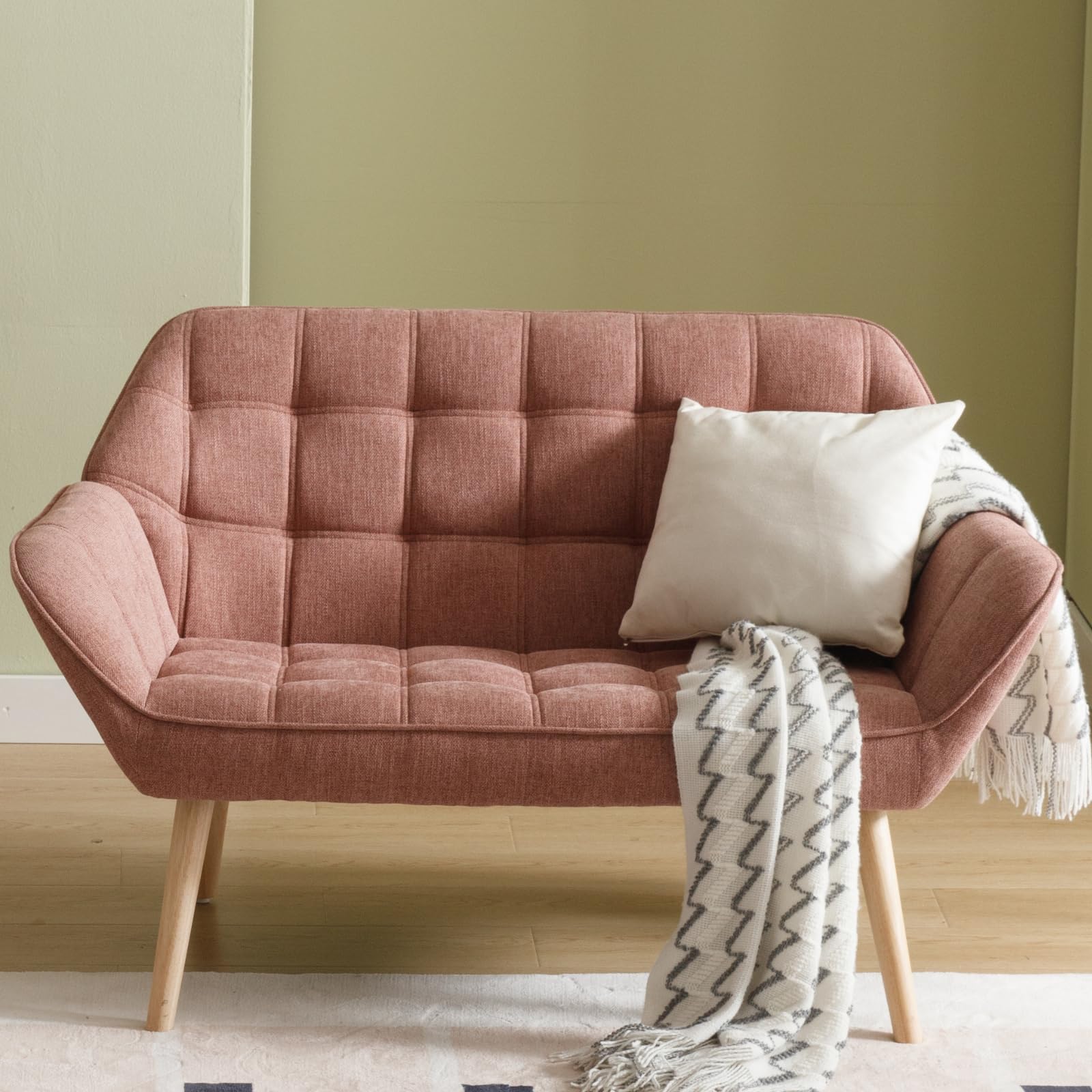 48 Small Loveseat Sofa Modern Linen Upholstered Mini Couch 2-Seater Fluffy Love Seat with Quilting Backs and Wood