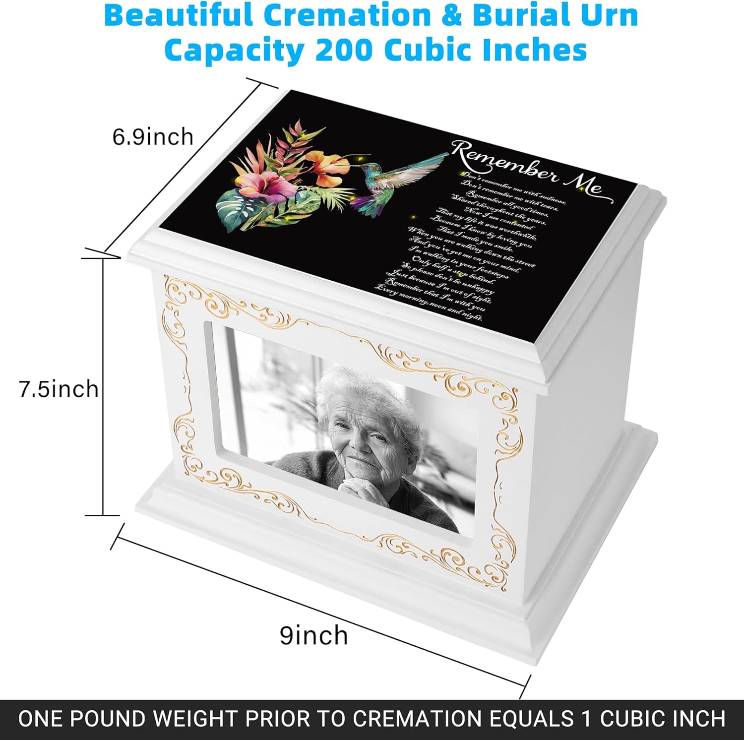 Cremation Urns for Human Ashes Adult Male or Female, Funeral Memorial Urns for Ashes with Photo Frame, Wooden Urns Box and Casket for Men Women, Burial Urn for Adults Up to 200 IBS - Image 2