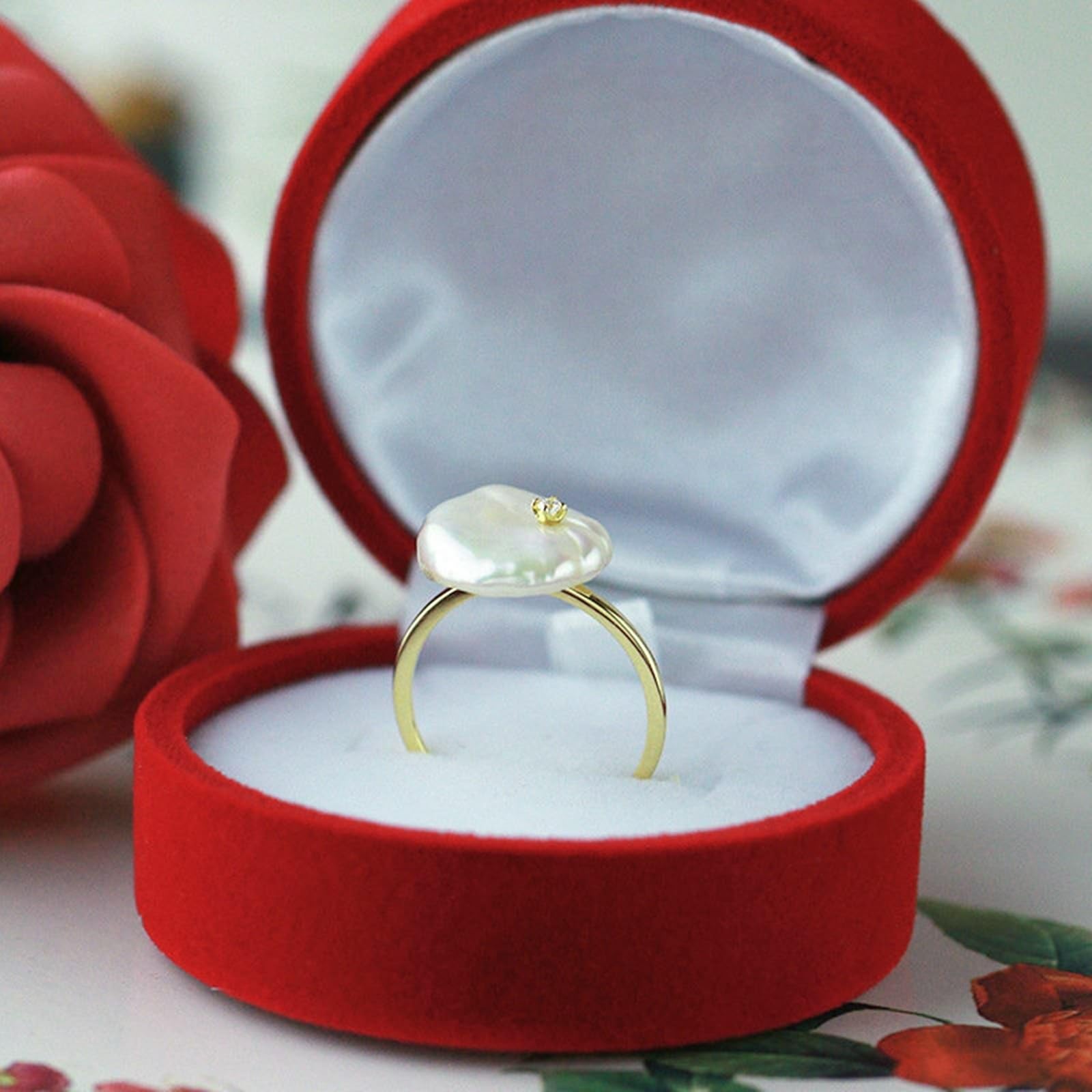 Goldring Damen 585 Echtgold 14K Ehering Weiß Perle Irregulär, Matching Rings mit Perle Diamant Ringe Frauen