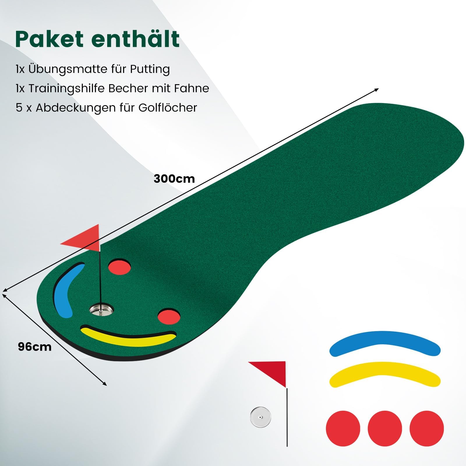 COSTWAY 300 x 96cm Golf Puttingmatte, Putting Green für Indoor & Outdoor, Golfmatte faltbar mit 3 Putting Cups & 1 Fahne, Golf Übungsmatte Trainingsmatte für Zuhause, Büro