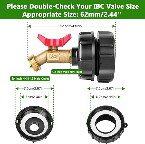 Miniatura 2 de IBC - Adaptador de bolsa de 275-330 galones a manguera de jardín con válvula de rosca fina de 2.44 pulgadas + grifo de manguera de latón + conector