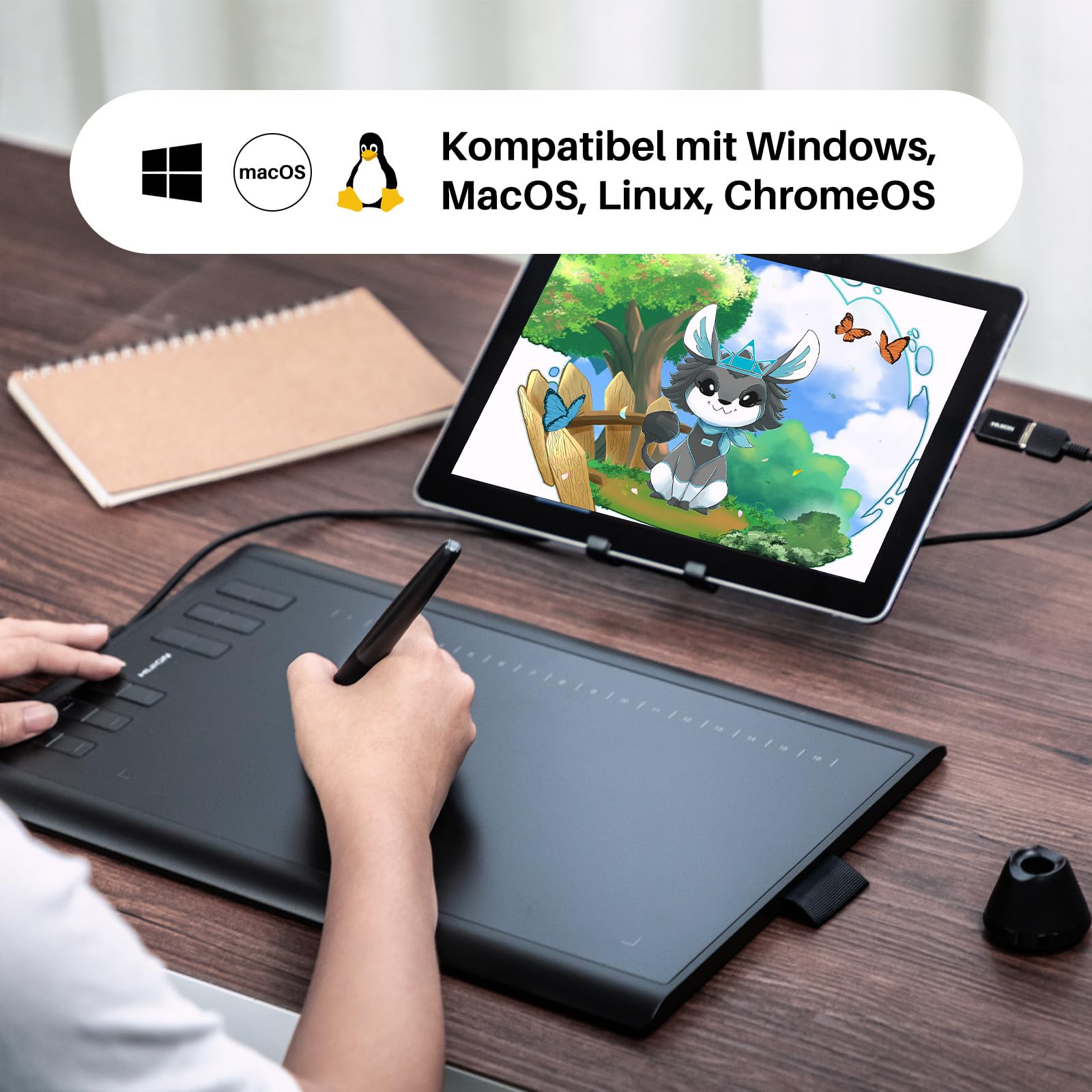 HUION Inspiroy H1060P Grafiktablett mit 10 x 6,25 Zoll Arbeitsfläche, Batterielosem Eingabestift und 12 Hotkeys, Zeichentablett für Win, Mac, Android,Ideal zum Zeichnen, Online-Unterricht und Arbeiten