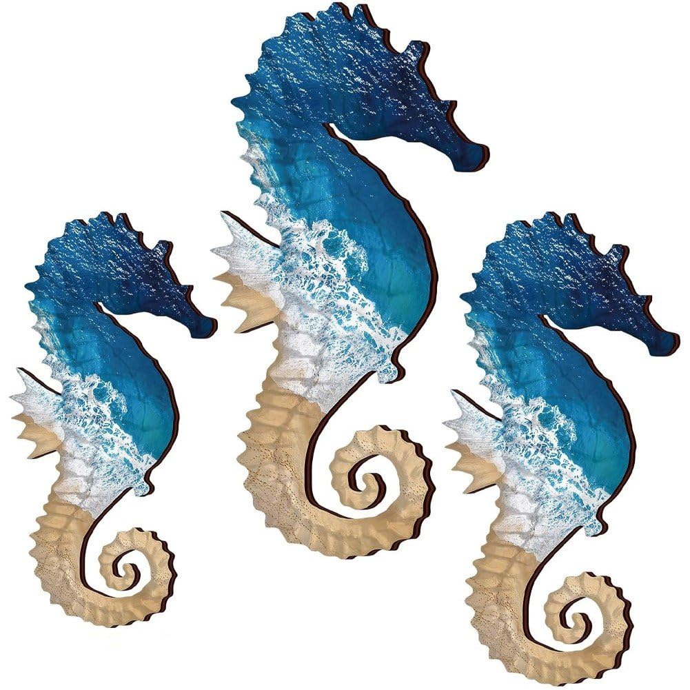 Décoration murale hippocampe en bois rustique marine