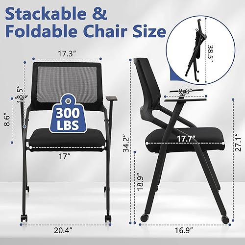 Miniatura 3 de CLATINA Sillas plegables apilables para sala de conferencias con ruedas, silla de escritorio de oficina acolchada portátil con soporte lumbar y