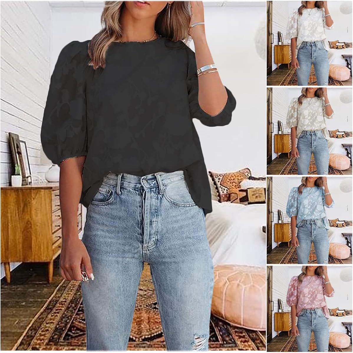 Women Fashion Chiffon Flower Round Neck 