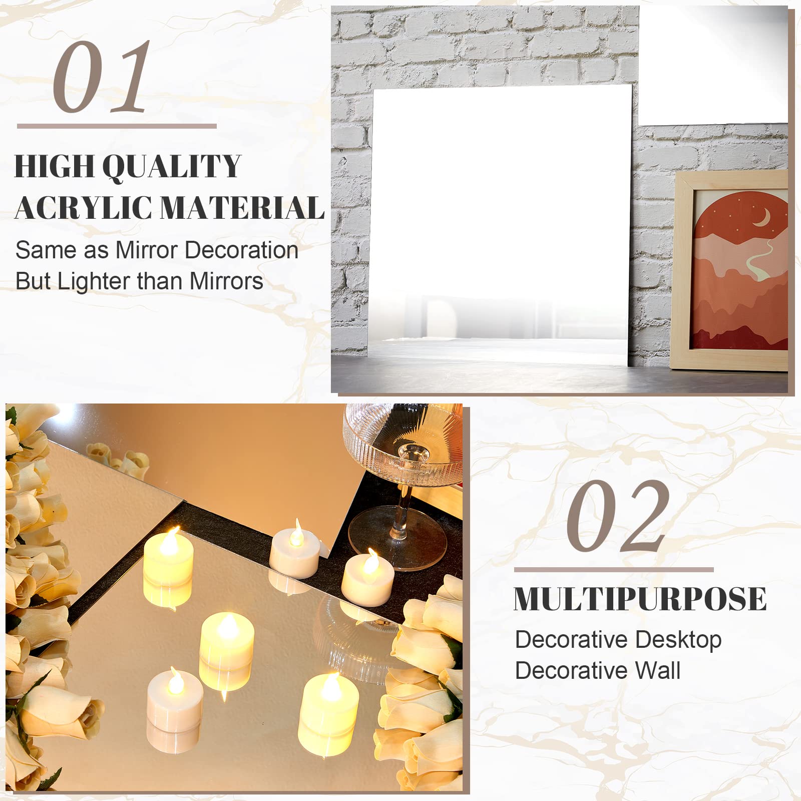 20 Pcs Gym Mirror Tiles 12" Square Acrylic Mirror Wall Mounted Gym Mirror Decorative Mirror Tray Square Mirror Wall Sticker Removable Mirror with 20 Tapes Candle Tray for Gym Home Room Wedding Party