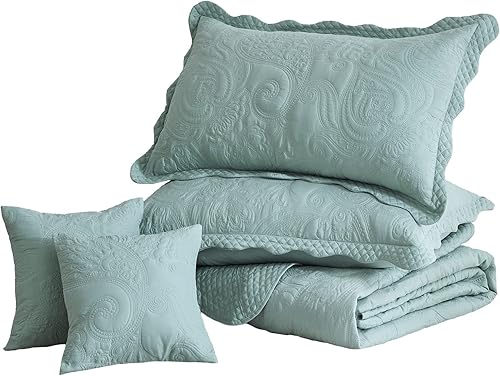 Vista 90 de Colcha extragrande tamaño King, funda de cama ligera ultrasónica, patrón de cachemira, reversible, 5 piezas, 100% microfibra, blanco puro 1-amarillo