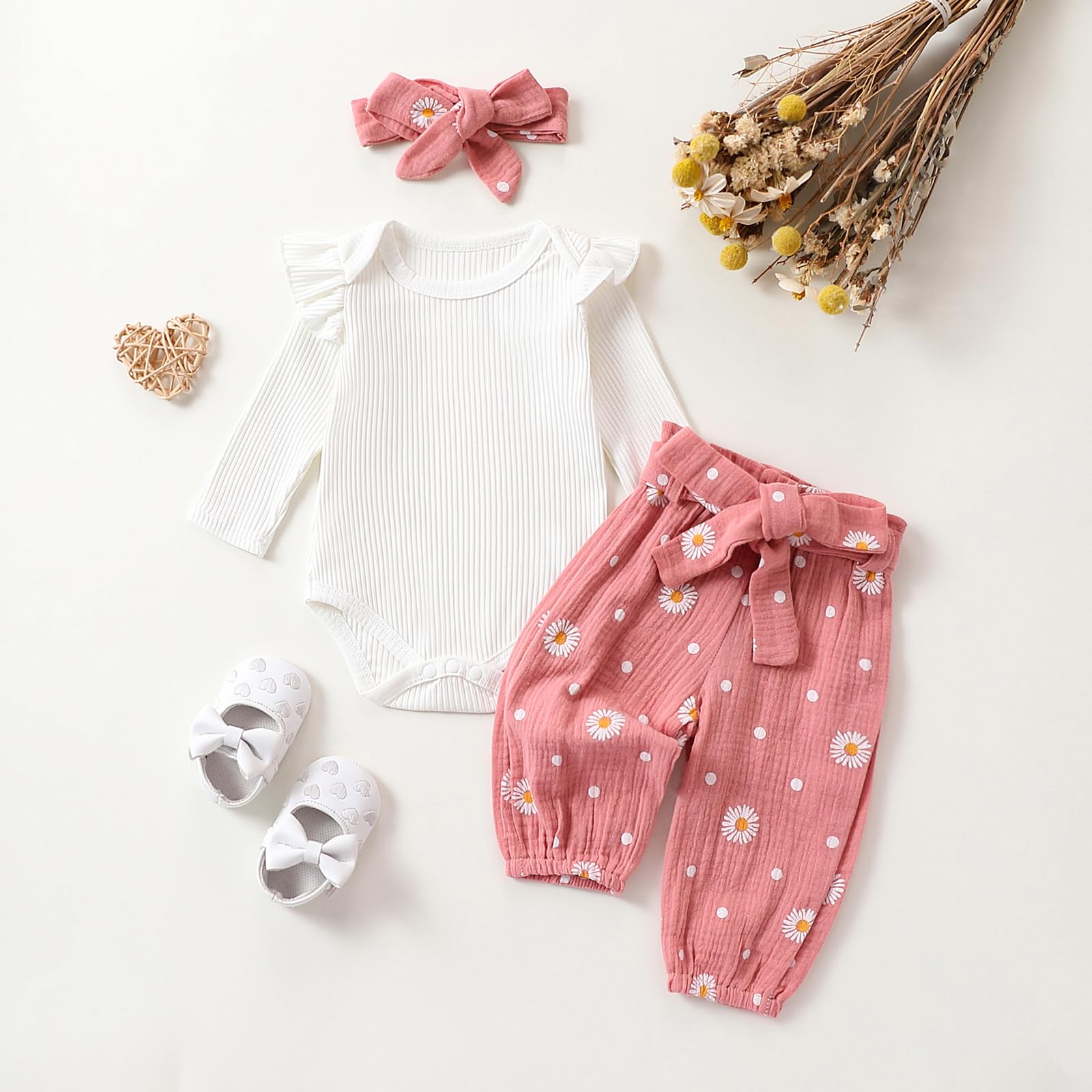 Bébé Fille Fleurs Pantalon Set Daisy Ensemble De Vêtements Bébé Manches Longues Ruffles Body Barboteuse+Pantalon Marguerite+Bandeau Bébé Fille Printemps Automne Tenue