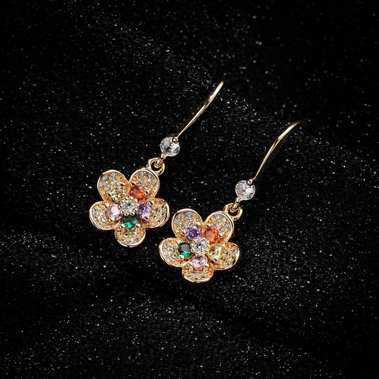 Austrian Crystal Flower Dangle Drop Earrings for Women 14K Gold Plated Hypoallergenic Jewelry - Image 3