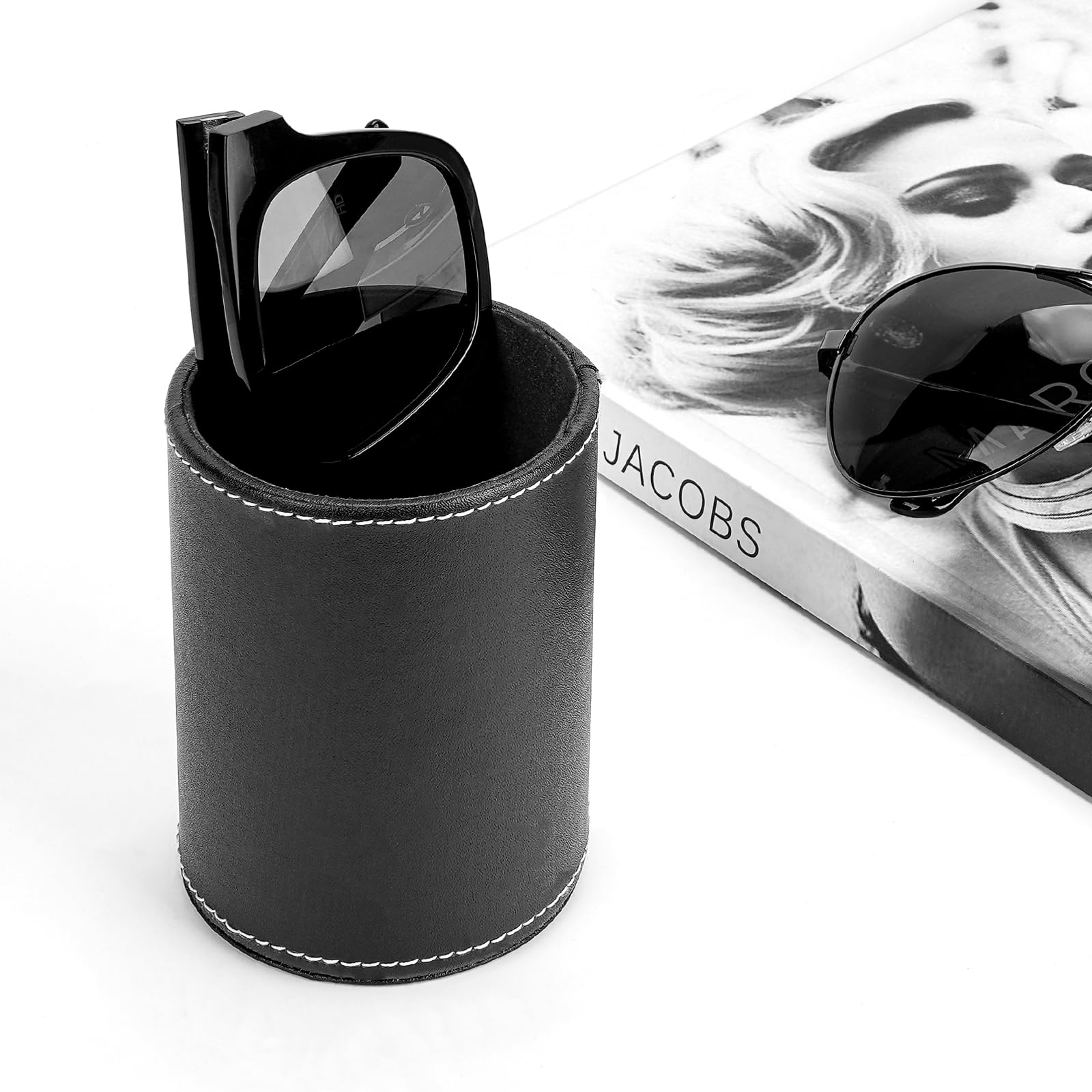 Linkidea Glasses Desk Holder Stand for Reading Eyeglasses, Vegan Leather Glasses Holder for Nightstand, Glasses Storage Compatible with GUCCI GG1500OK GG1606OK GG1470OJ (XXL, Black)