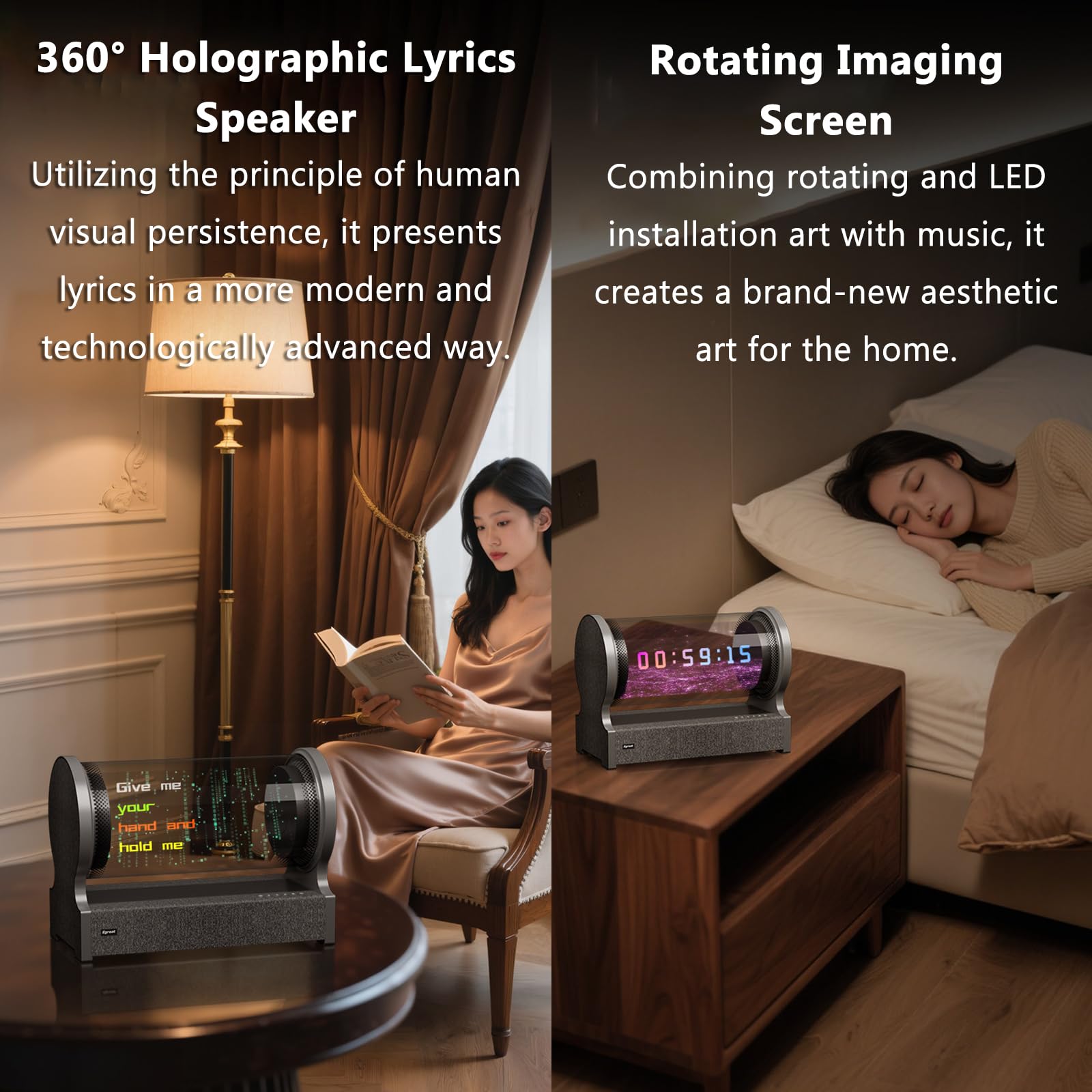 Altoparlante Bluetooth con visualizzazione testi, sottotitoli fluttuanti a 360°, posizionamento flessibile, multi-modalità per camera da letto, ufficio e spazi commerciali