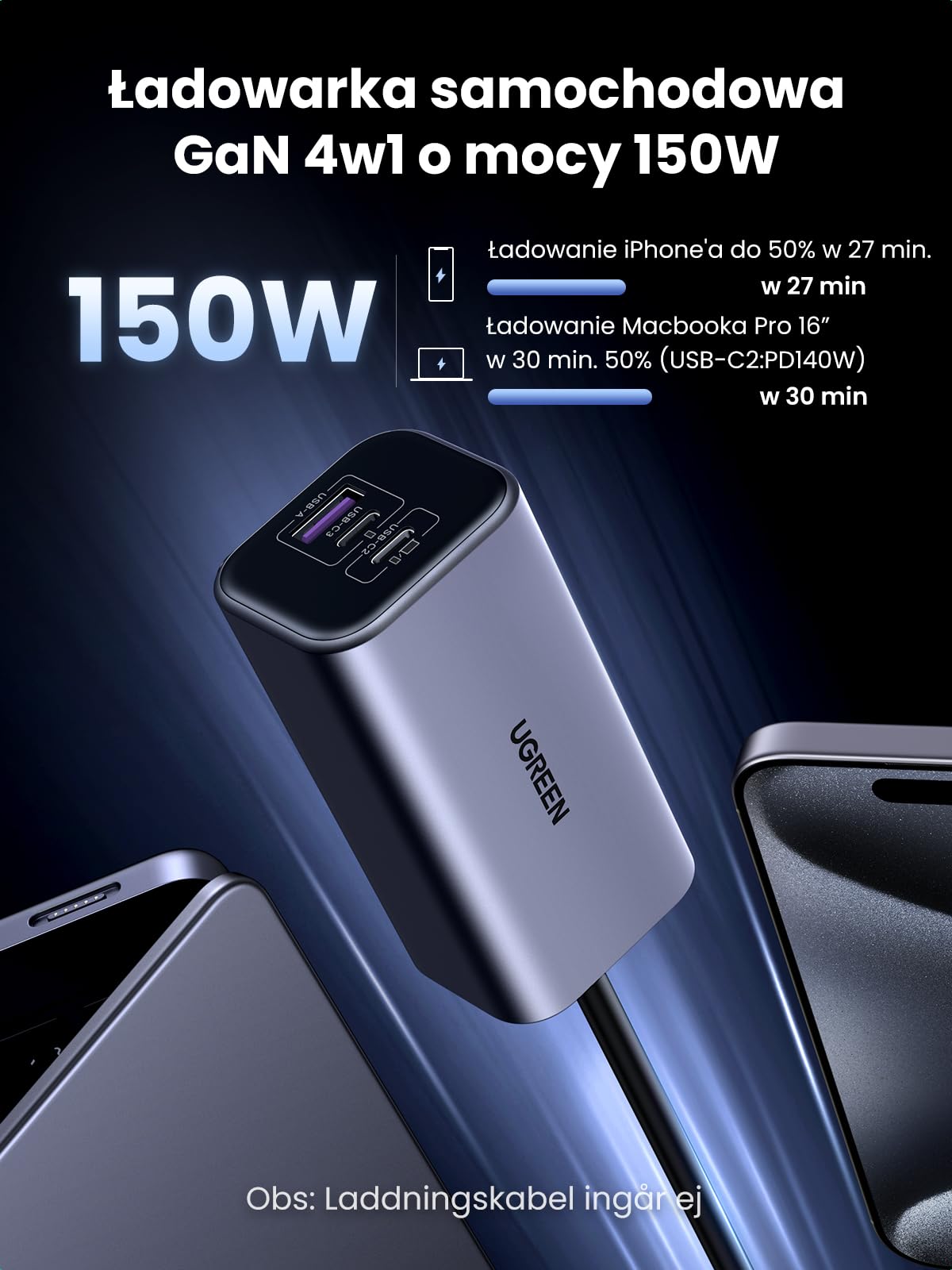 UGREEN 150W GaN zapalniczka samochodowa USB PD3.1 4-portowy rozdzielacz zapalniczki USB C kompatybilny z iPhone 17/16/15/14/13, MacBook Pro/Air, Surface Pro, Galaxy S25/S24/S23, iPad Pro itp.