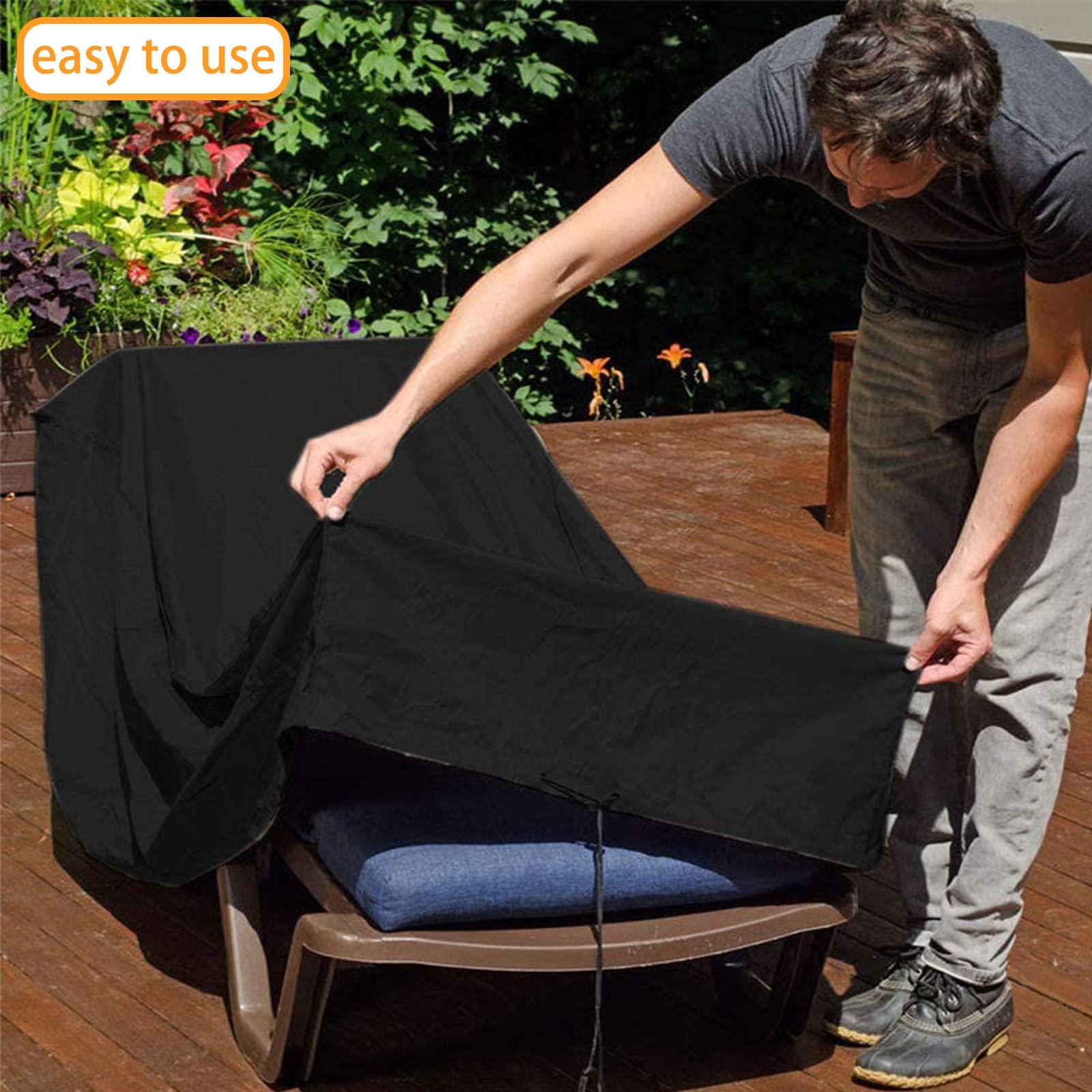 Dapetz Housse Chaise Longue Jardin 200x80x40cm Noire - Protection Imperméable Anti-UV Coupe-Vent