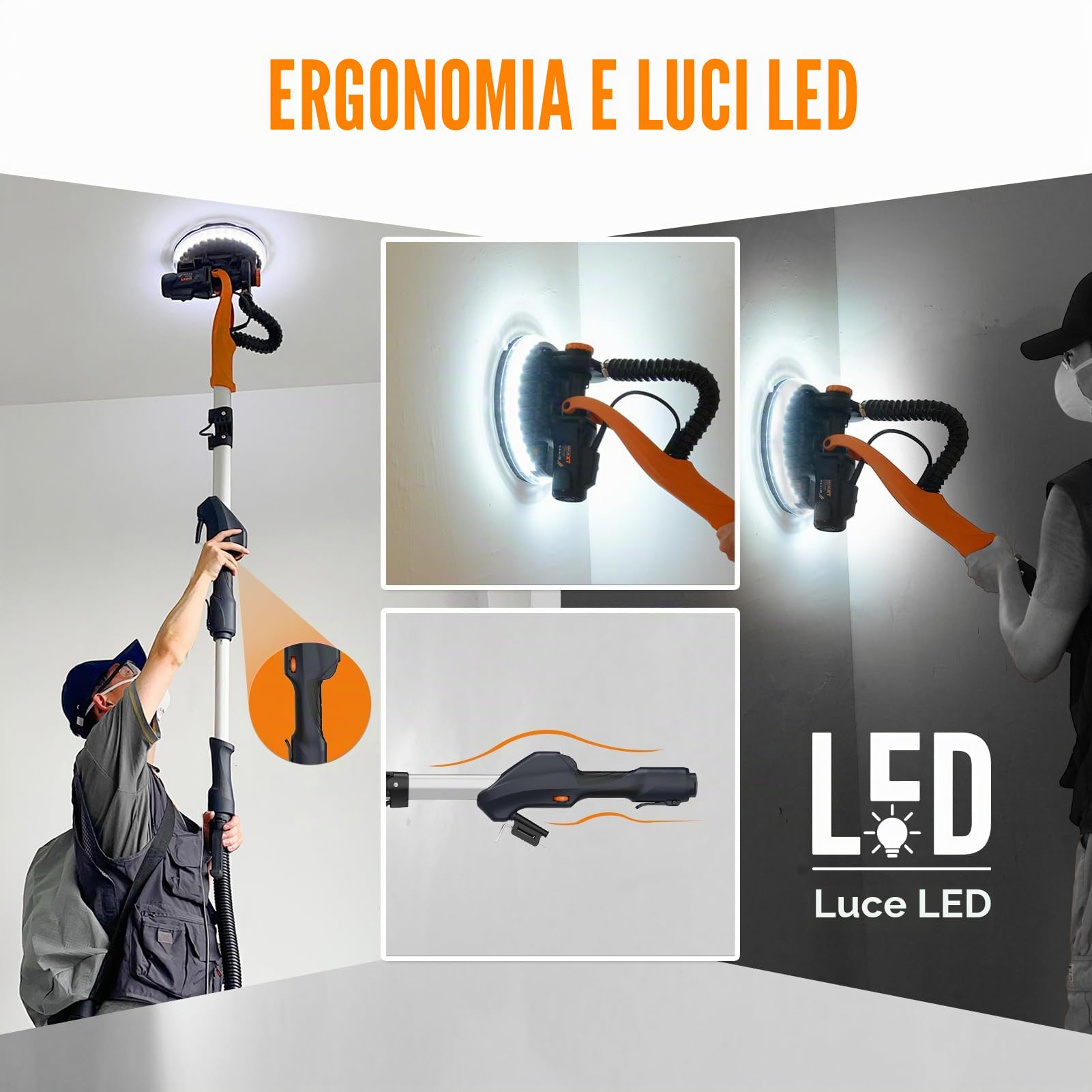 MAXXT Levigatrice per cartongesso Pieghevole Con aspirazione polvere VERO sistema di autoaspirazione Luce LED impugnatura telescopica Velocità variabile Motore 820W Sei dischi abrasivi 225mm