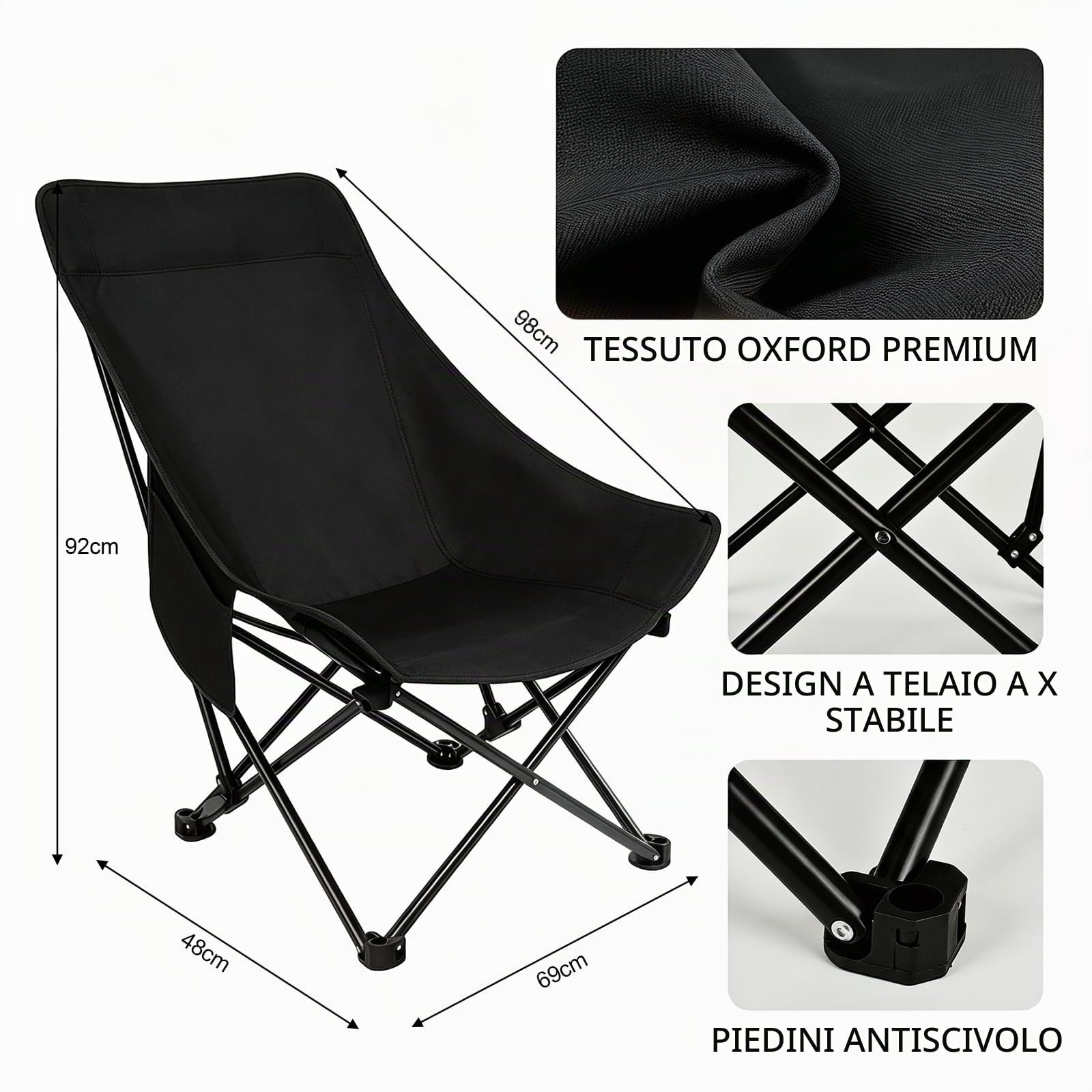 DASIAUTOEM Sedia regolabile in quattro posizioni, sedia da campeggio leggera tripla, sedia da pesca pieghevole, adatta per picnic all'aperto ed escursioni. (nero)