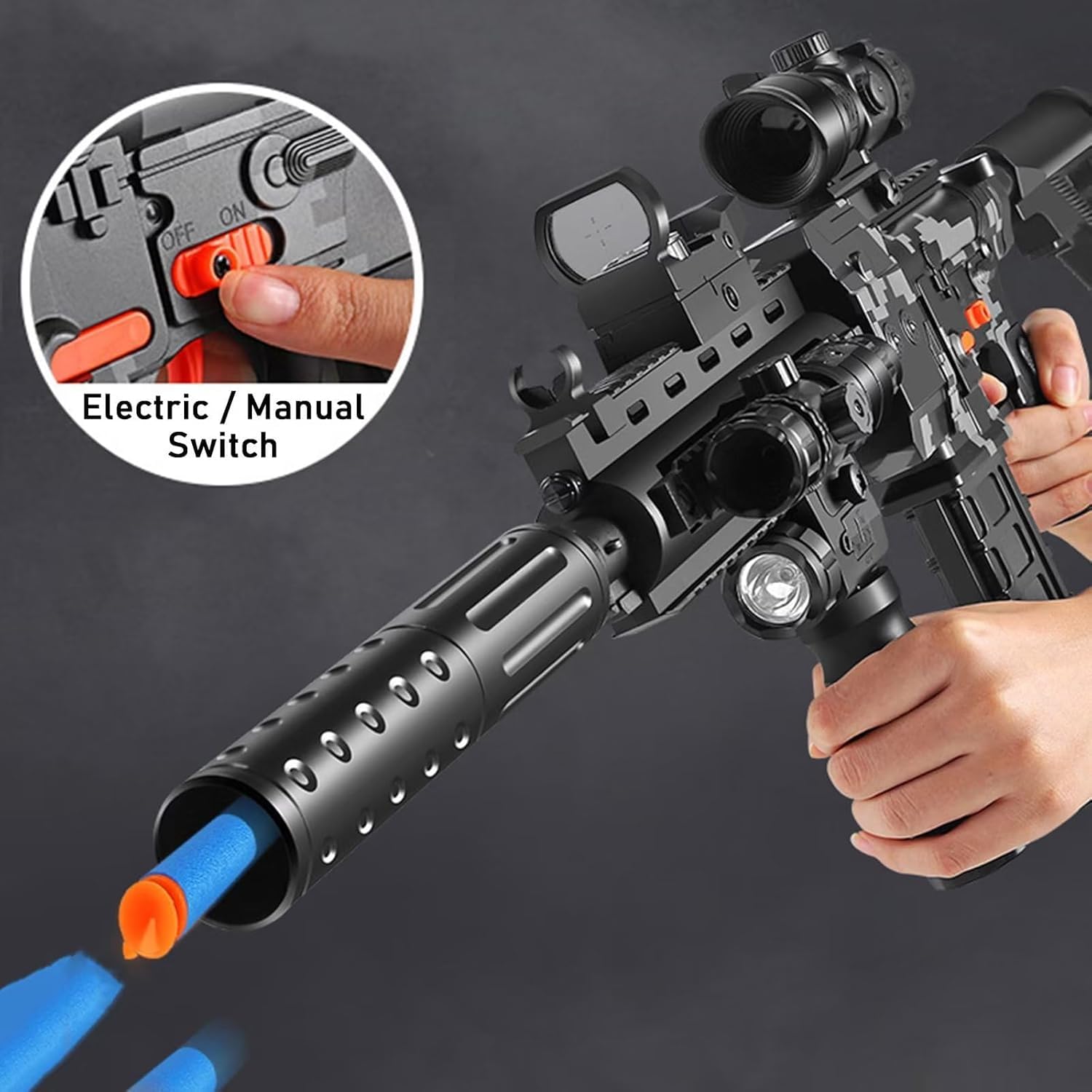 HK416 - Juego de lanzadores de espuma con 20 balas de espuma | Diseño fiel, balas suaves de EVA, riel táctico, disparo en serie, alcance óptico de 4 vías