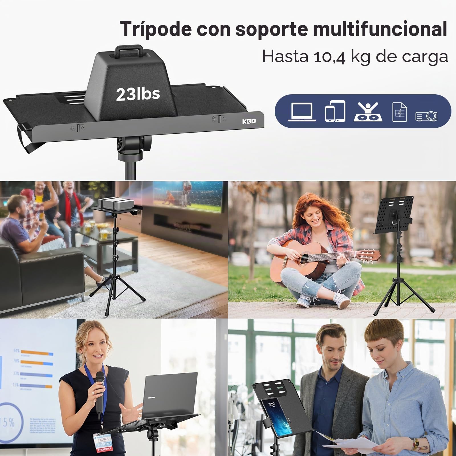 KDD Soporte Proyector Suelo - 4 en 1 Portatil Atril Musical con Soporte para Portátiles Suelo y Tableta con Palanca Moduladora - Rotación de 180° Tripode Proyector Altura Ajustable Entre 59 y 160cm