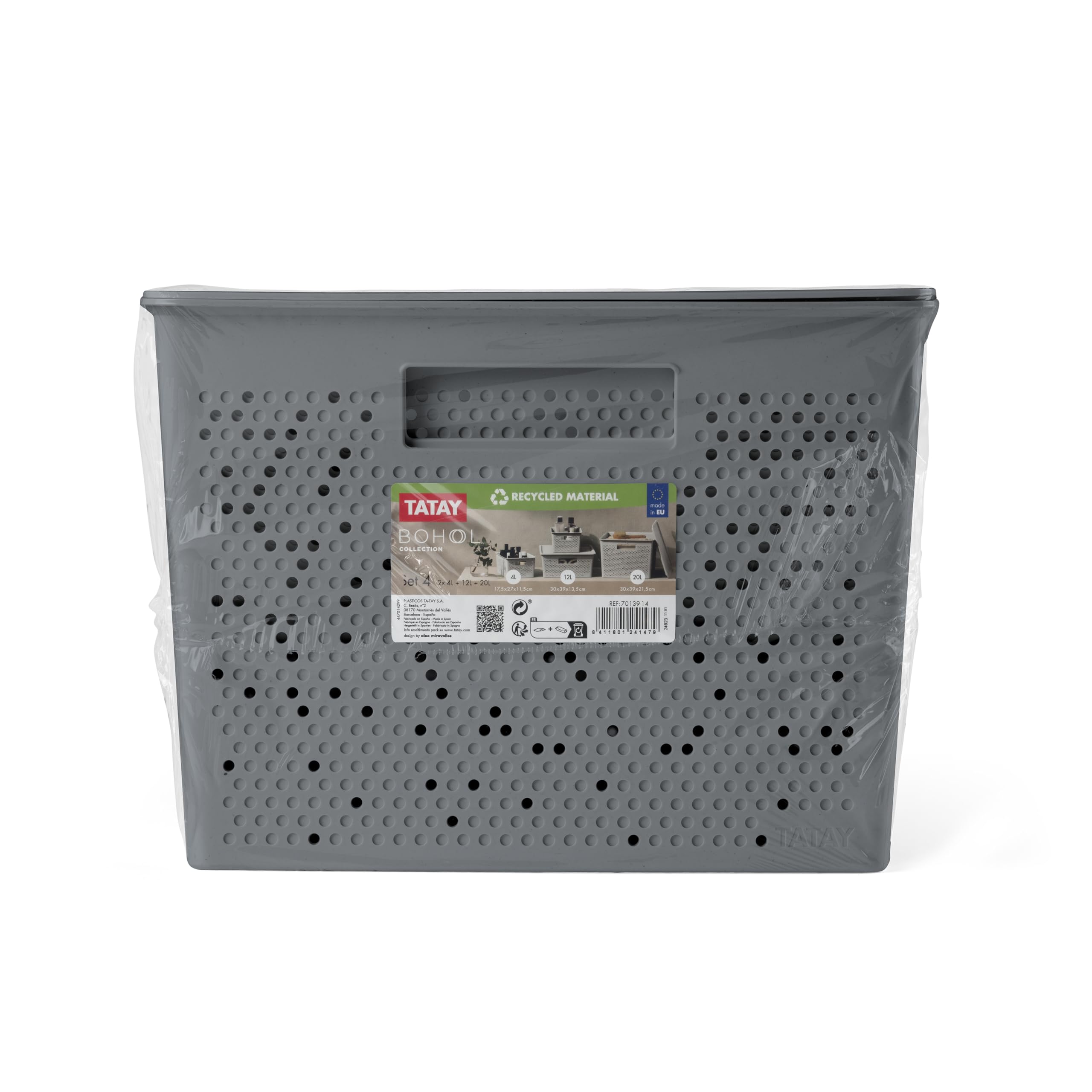TATAY Cestino Portaoggetti Bohol Set da 4 Pezzi Senza BPA Manici Integrati | Cestino Portaoggetti Casa | Misure 30x39x21,5 cm | Plastica Riciclata | Design Impilabile | Ventilazione Ottimale, Grigio