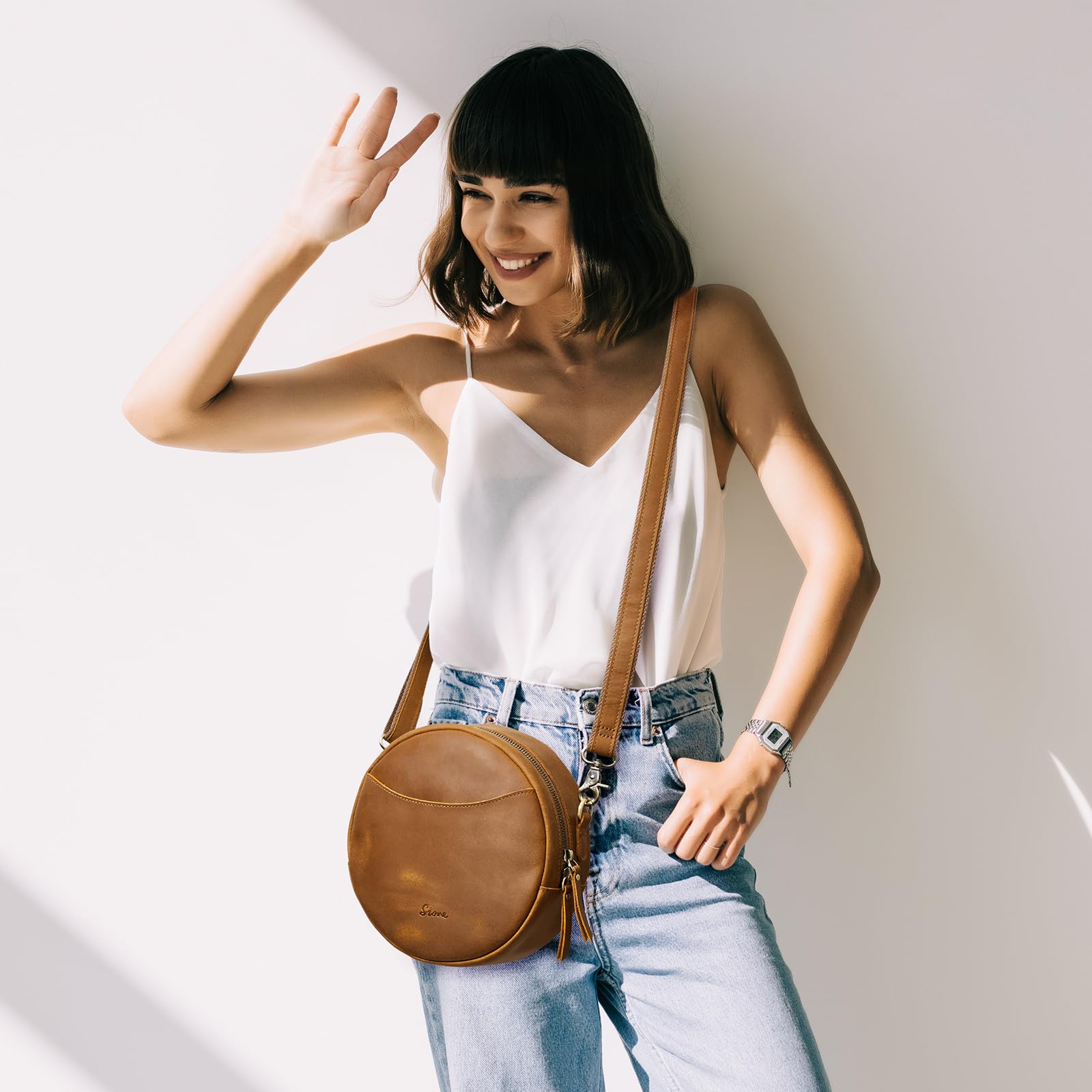S-ZONE Damen Leder Umhängetaschen Trendige Runde Shopper Schultertasche Runde Designer Geldbörsen Datingstasche Tragetasche