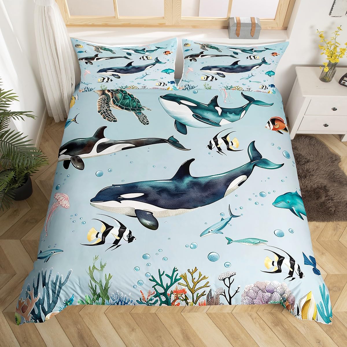 Housse de couette lit enfant 140x200 motif tortue baleine océan