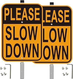 2 Pack Please Slow Down Yard Signs, with 36-inch Metal Stakes, 14"x10" Reflective Aluminum, Durable Warning Traffic Sign for Slower Speeds, Black and Yellow