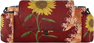 CUPADA Vintage Style Sunflower Universal Stroller Organizer with Cup Holders, Retro Florals Orange Stroller Organizer Bag and Removable Shoulder Strap Fits Most Baby and Pet Strollers