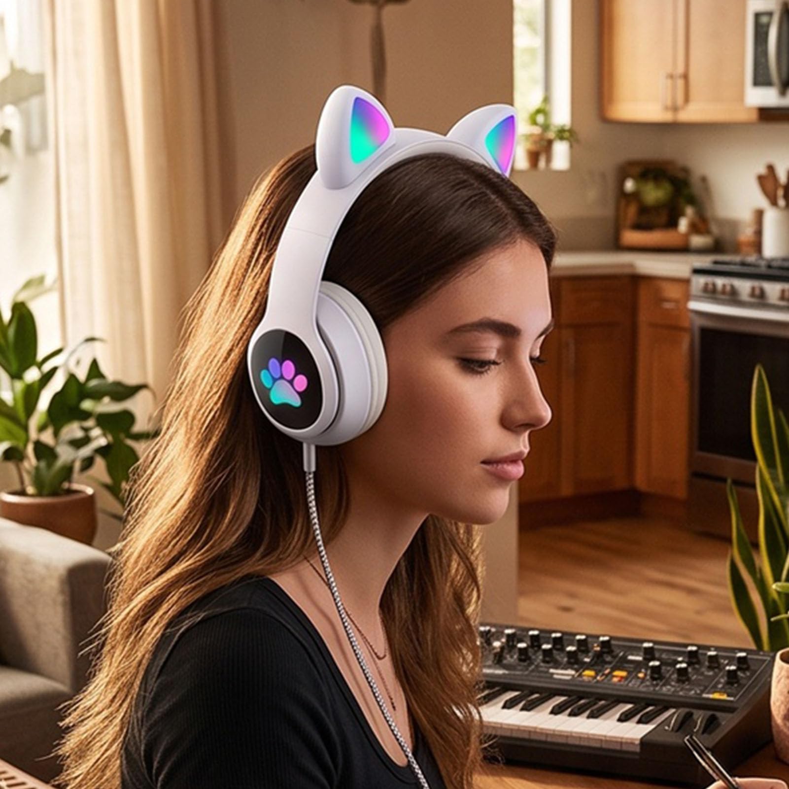 Ejoyous Cuffie Over Ear con Orecchie di Gatto, 7 Colori Luci LED (WHITE)