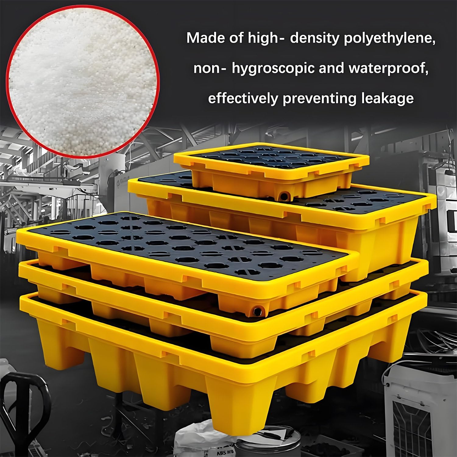 Bac de protection anti-fuites industriel - Palette modulaire de rétention des déversements - Plateforme étanche en plastique pour fûts, idéale pour le stockage sécurisé de produits chimiques