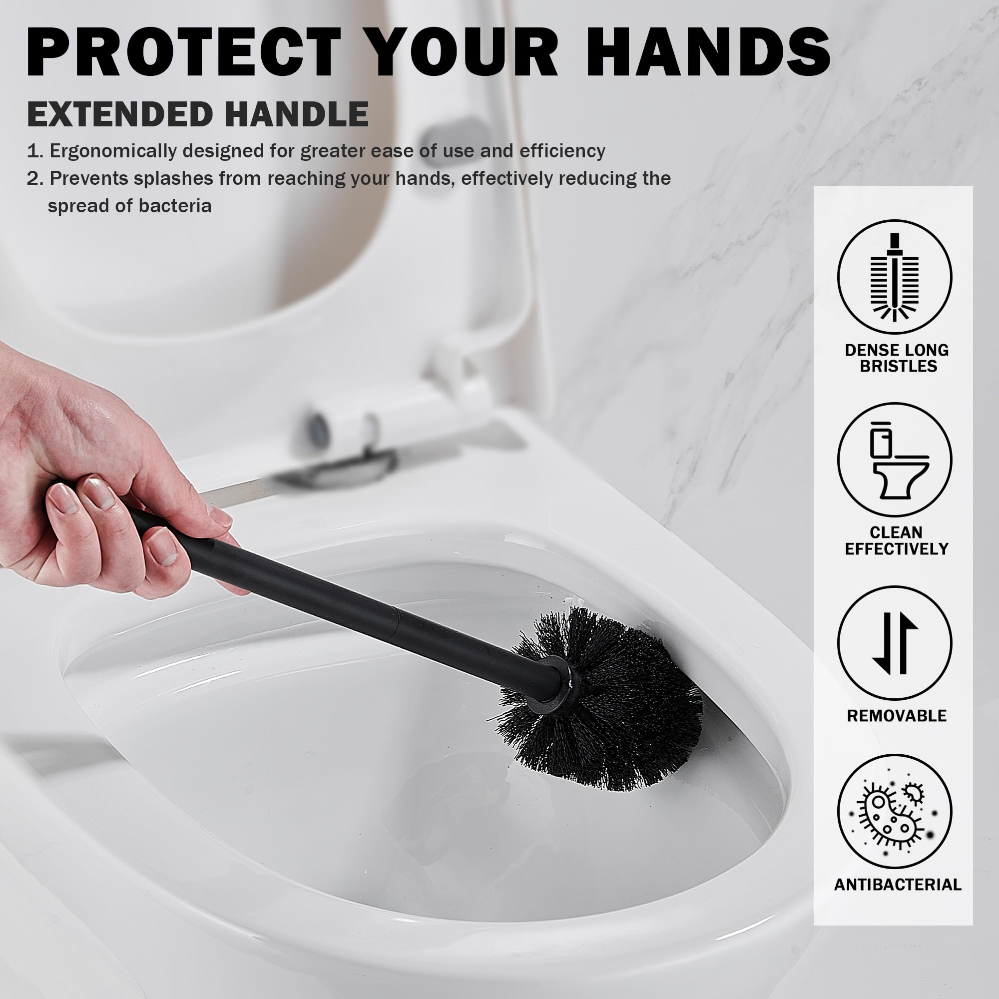 ASKLUND Brosse WC Brosse Toilettes WC Balai en Acier Inoxydable Incluant 2 têtes de Brosse, Montage Mural/au Sol, Noir - 5