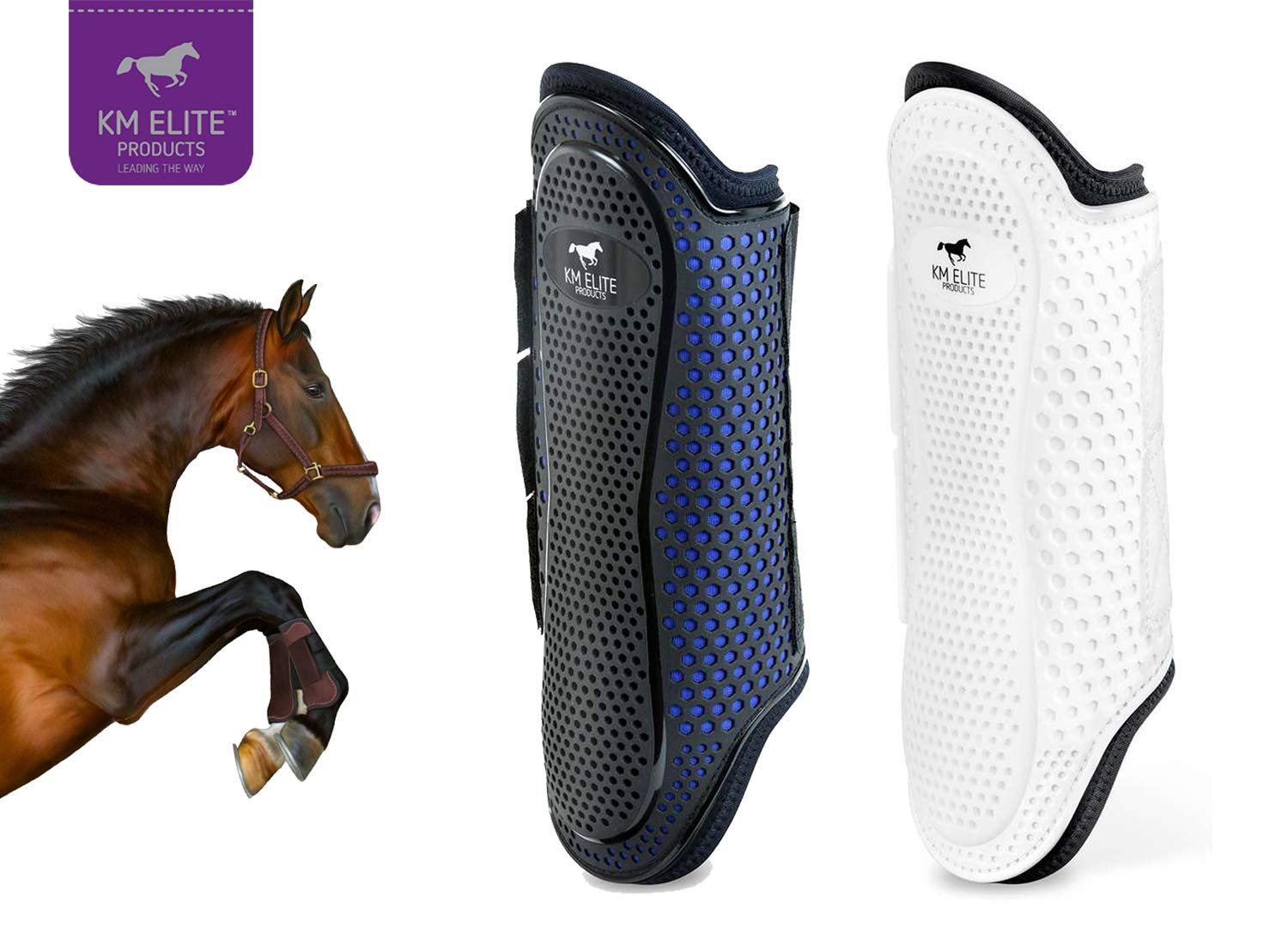 KM Elite Pro Mesh Hybrid Brushing Boot Set Ultimate Comfort Dressage Schooling Jumping (Medium - 2 Strap, Black/Electric Blue)