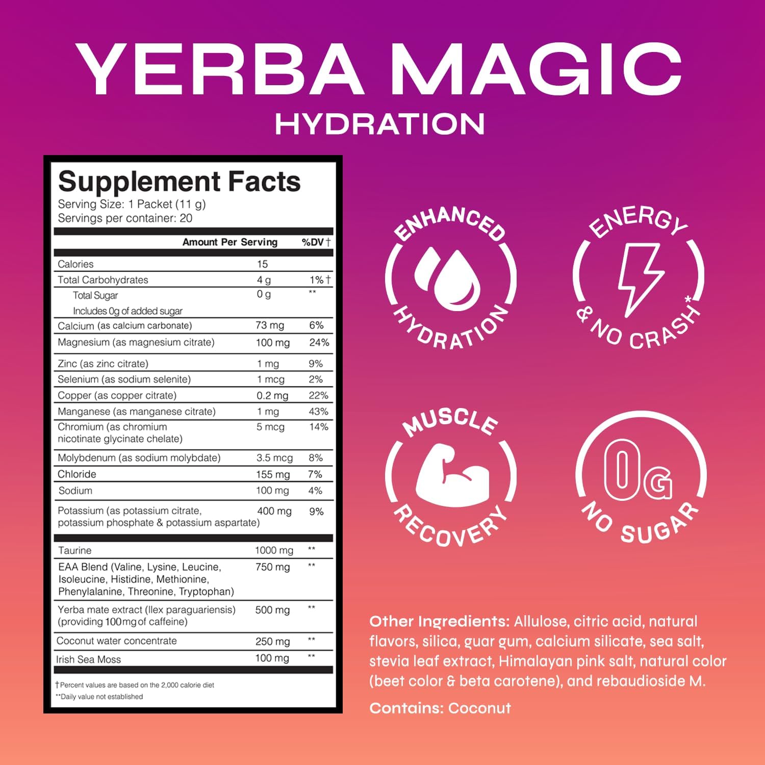 Yerba Magic Hydration + Energy - Tropical Punch with Electrolytes, Yerba Mate Caffeine, Amino Acids, Sea Moss & Coconut Water for Hydration, Muscle Recovery & Clean Energy - Zero Sugar (20 Stick Packs)