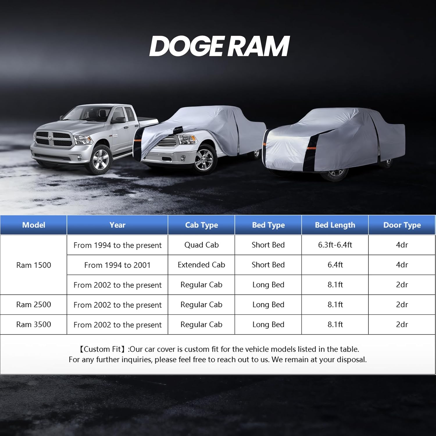 Multi-Layer Dodge Ram 1500 Truck Cover, Custom fit Dodge Ram 1500 2009-2026 Quad Cab SB(6.1') Car Cover Waterproof All Weather, Full Exterior Cover Rain Wind Dust and UV Protection with Door Zipper