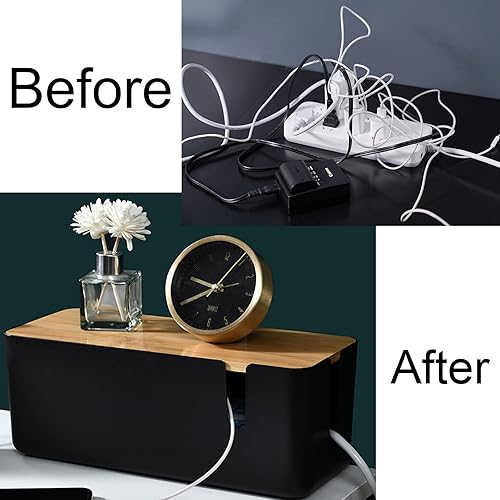Miniatura 7 de Changsuo Caja de organización de cables con tapa de bambú, pequeña caja organizadora de cables para cable de extensión, protector de sobretensiones,