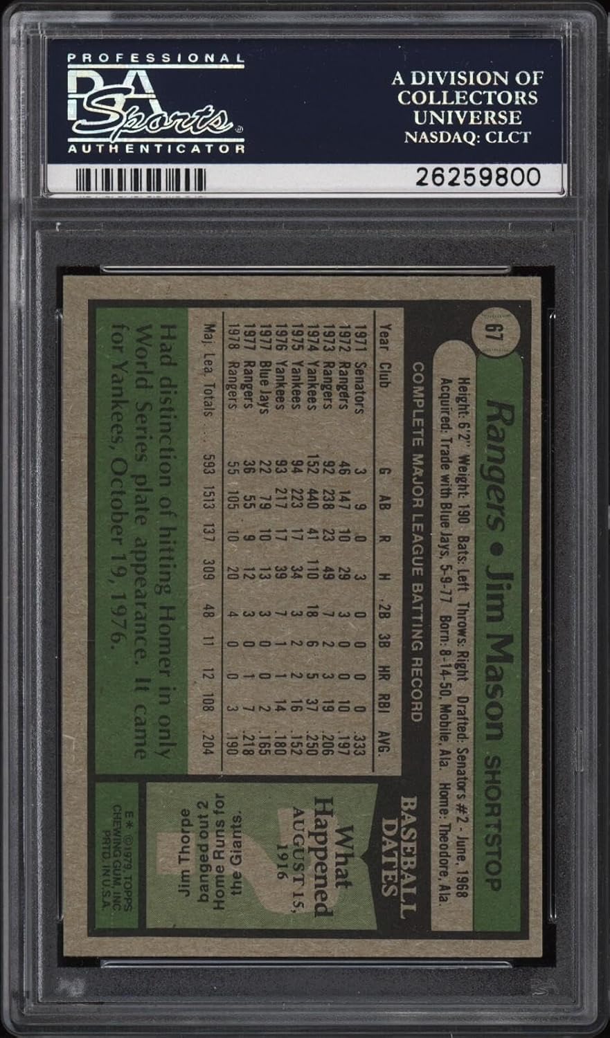 1979 Topps #67 Jim Mason - Rangers - PSA 10-26259800 - Baseball Card - Slabbed Baseball Cards