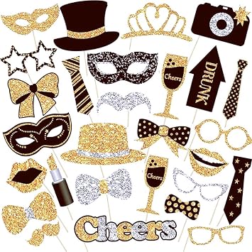 30pcs Photo Booth Props Set - Black Gold Party Supplies for Weddings, Birthdays Events,Perfect for Graduations, Retirement Parties Celebrations