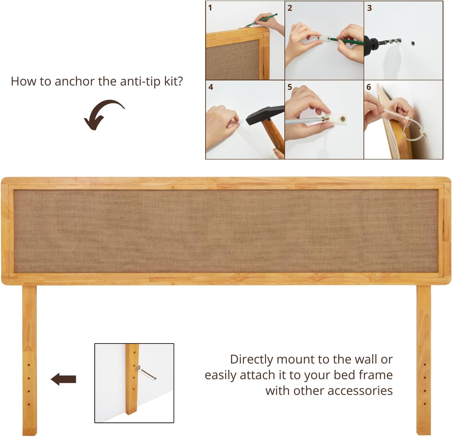 Bme Nipe King Headboard ONLY Natural (New) Boho Bohemian Coastal Style with Solid Wood and Hand-Crafted Fabric, Easy Assembly, Wall or Bed Frame Mount