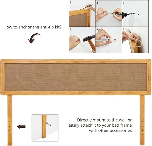 Miniatura 5 de Bme Nipe - Cabecera King solamente, estilo costero bohemio bohemio con madera maciza, fácil montaje, natural