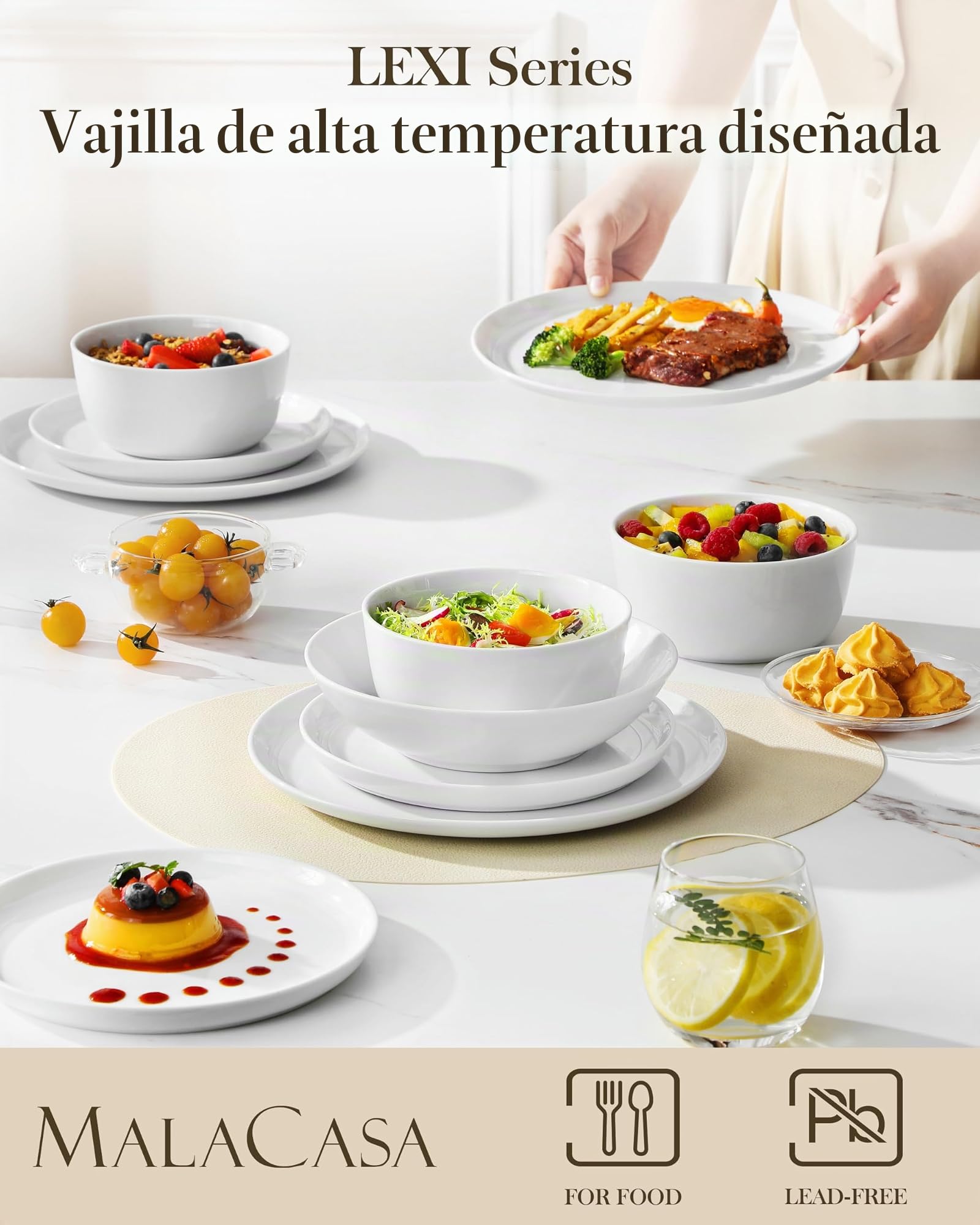 MALACASA Juego de Vajilla de Porcelana para 6 Personas, 24 Piezas Vajillas Completas Modernas con Platos, Llanos, Cuencos, Blanco - Serie LEXI