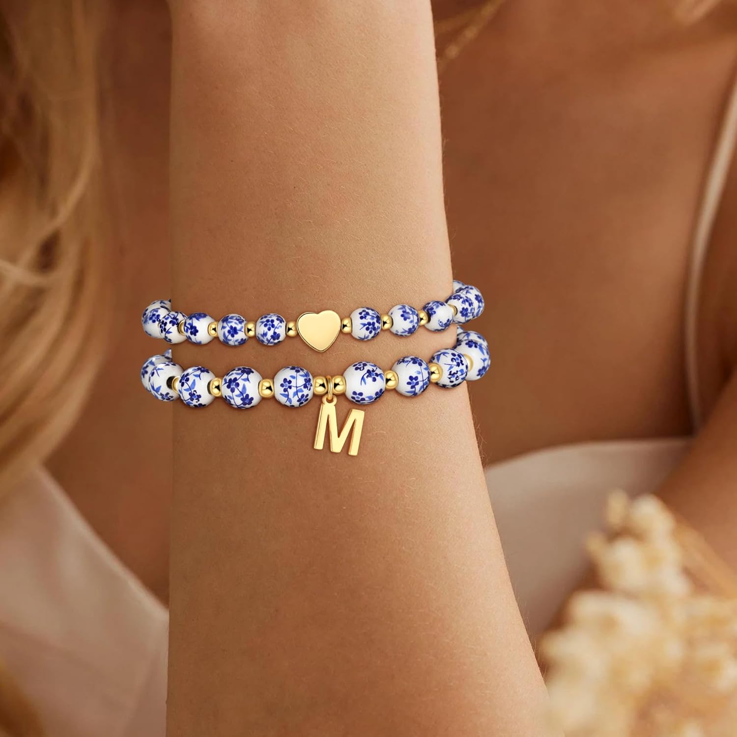 Bead Charm Heart Initial Bracelet for Women Girls - 2PCS Flower Vintage Heart Initial Bracelet Teen Girls Gifts Handmade Stretch Gold Beaded Dainty Romantic Jewelry Gift for Women Girl - Image 4
