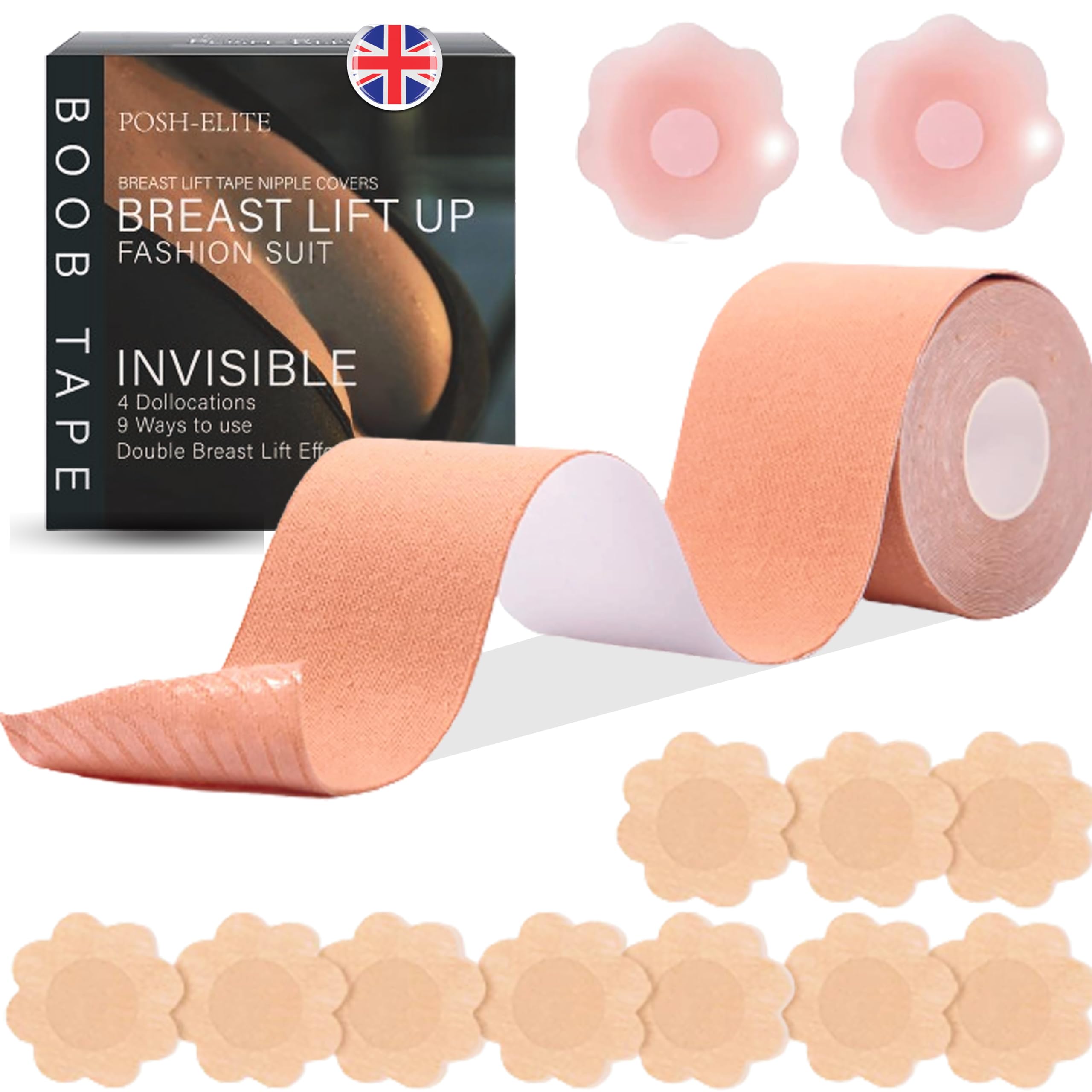 Posh-Elite Women's Beige Instant-Breast Lift Tape, Premium Hypoallergenic Heavy Duty Boob Tape - With 12 Nipple Patches & 2 Soft Nipple Covers Invisible Lift For Strapless & Backless Dress