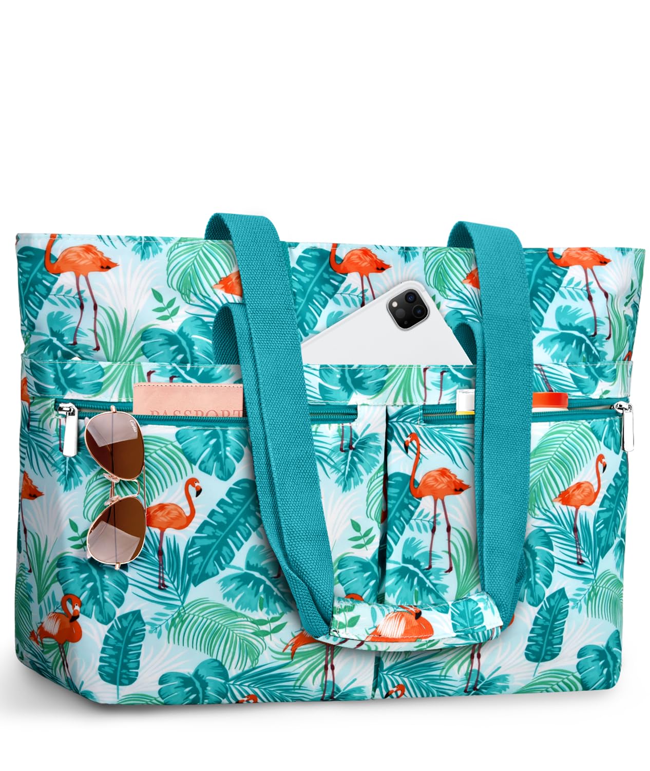 ENONEO Borsa Mare Donna Grande XXL Famiglia Borsa Spiaggia con Cerniera & Tasche Multiple, Pieghevole Borse da Viaggio Beach Tote Bag Shopper (Forest Flamingo)
