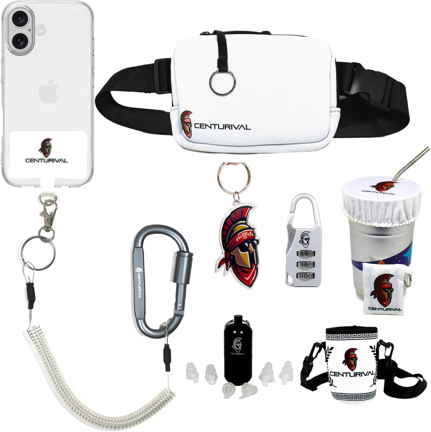 Ultimate Festival Safety Bundle White – Anti-Theft Phone Strap, Mini Lock, Fanny Pack with Phone Leash, Drink Cover, Can Cooler, Bottle Opener, High-Fidelity Earplugs – Secure at Concerts and Events