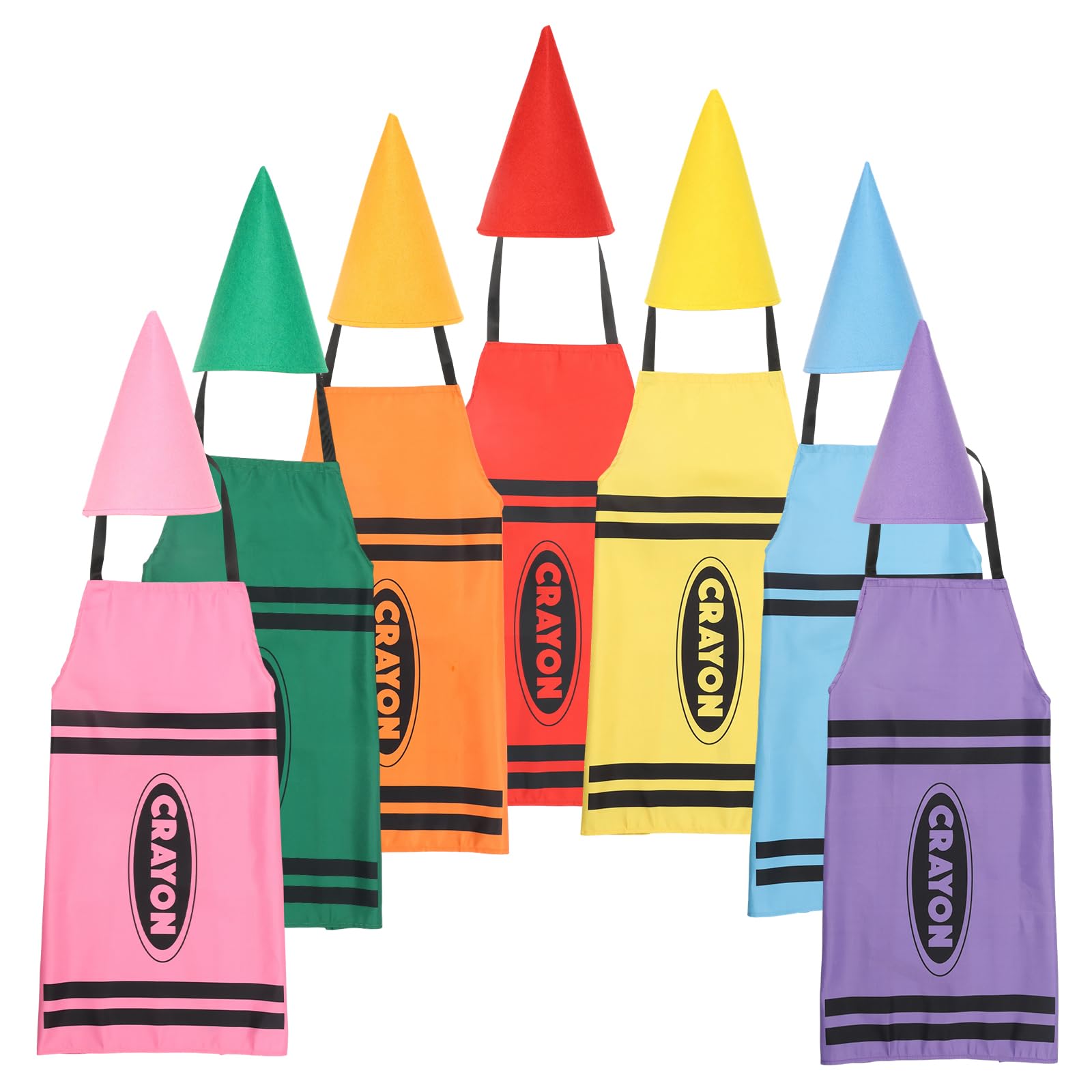 ATopoler 7 Pcs Crayon Costume Set, Funny Crayon Apron and Colorful Cone Hats,Funny Outfit for Halloween Party School Group Family