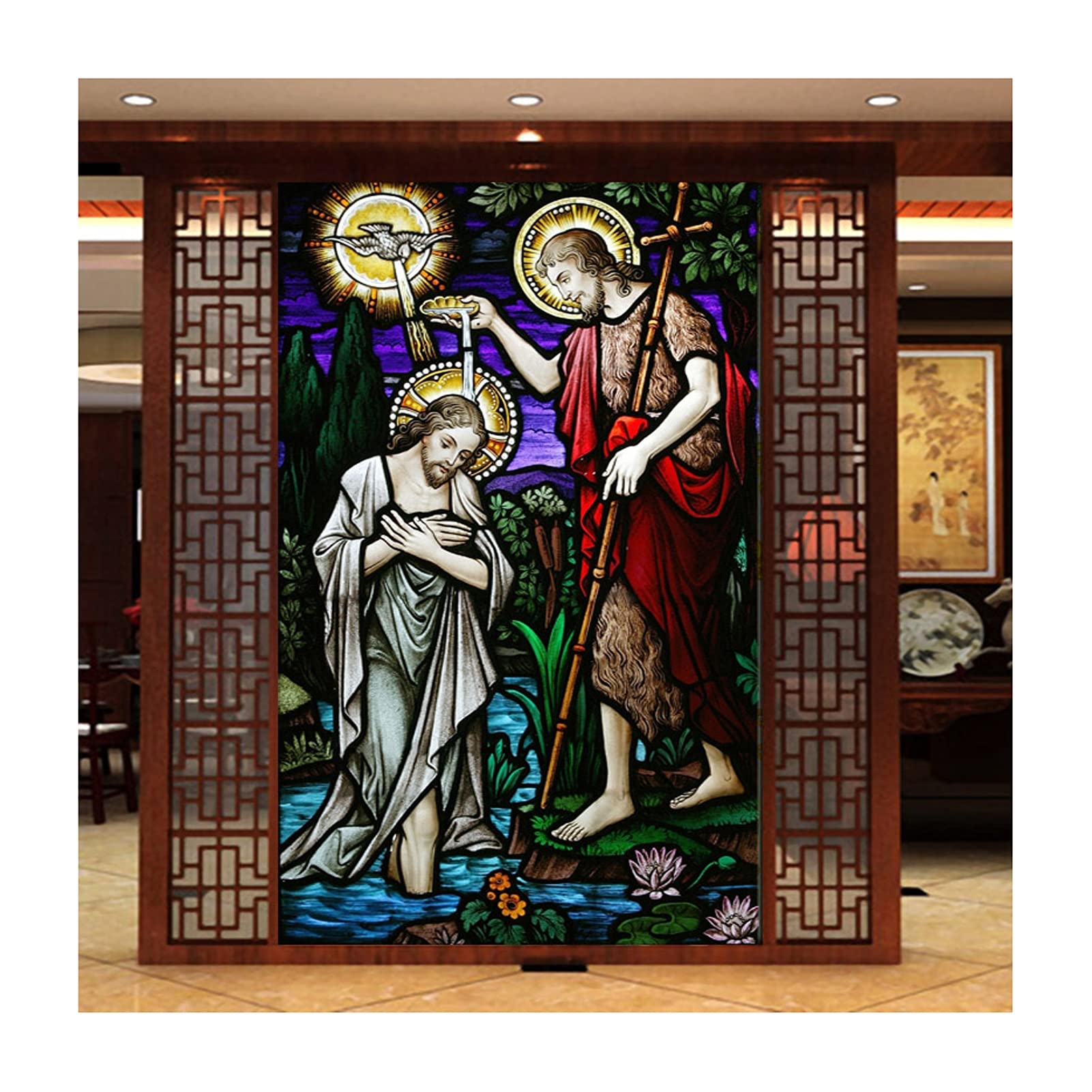 Window Film, Church Stained Glass Decorative Film Anti-UV Anti-UV Static Privacy Clings Film Jesus Religious Figures Decor,22,50x120cm