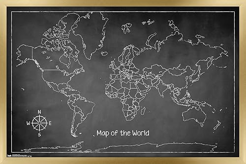 Trends International Cartel de pared de Chalk Map-World 14725 x 22375 pulgadas versión con marco dorado