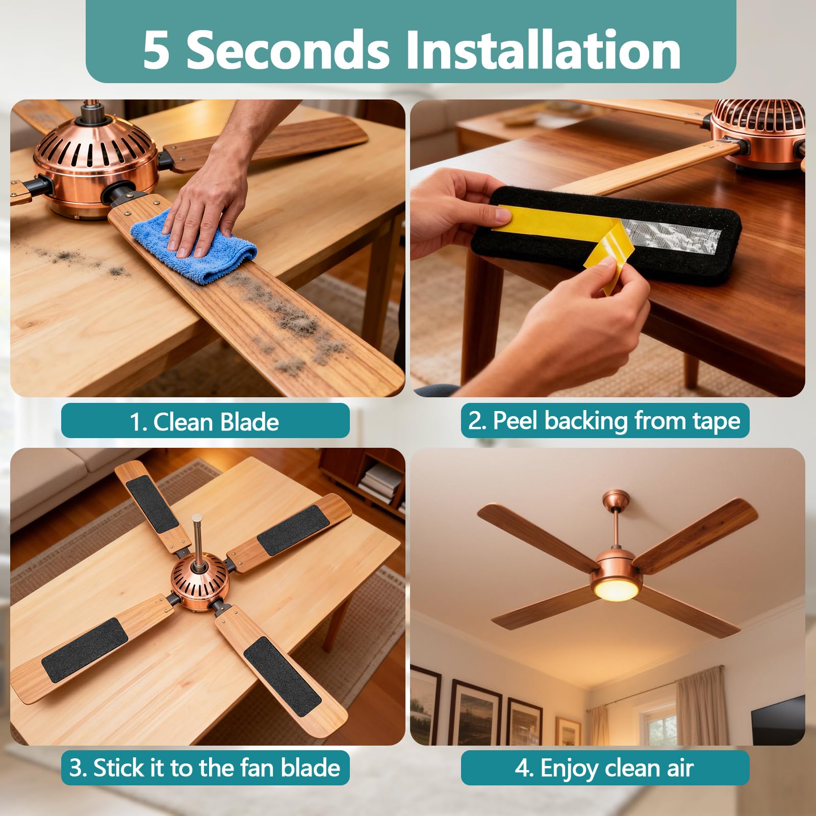 Filtri per ventilatore a soffitto per lame, cuscinetti filtro a carbone attivo con guscio di cocco per polvere e peli di animali domestici, design peel and stick, per la maggior parte dei